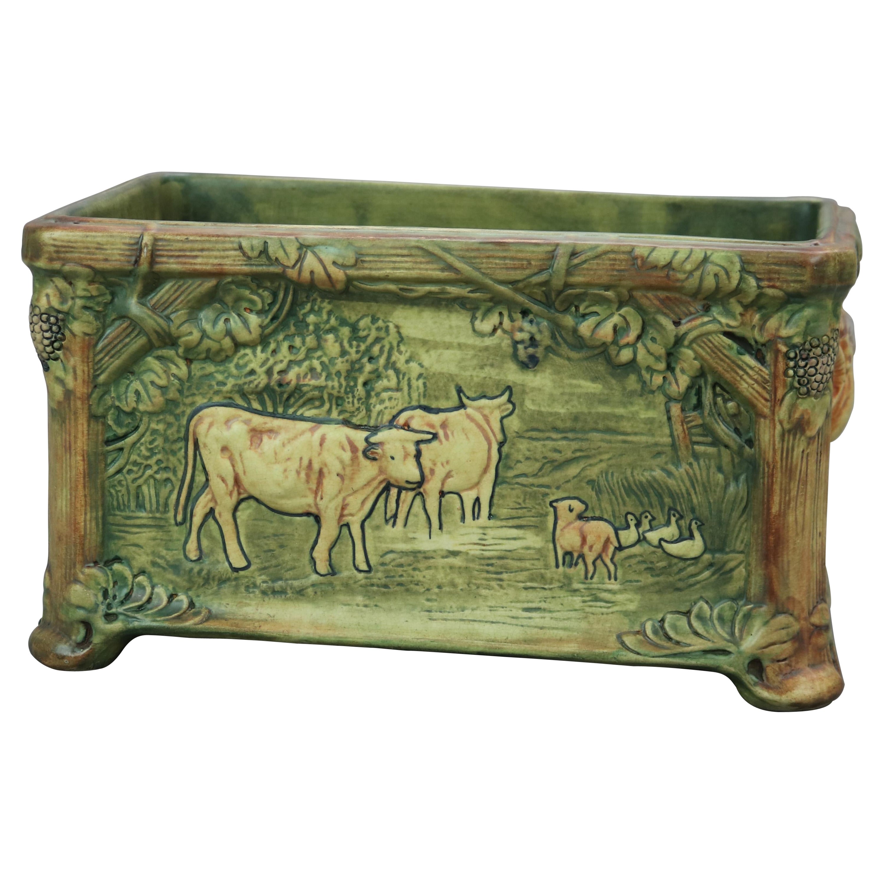 Antique Weller Art Pottery Planter Window Box Form with Cows c1930