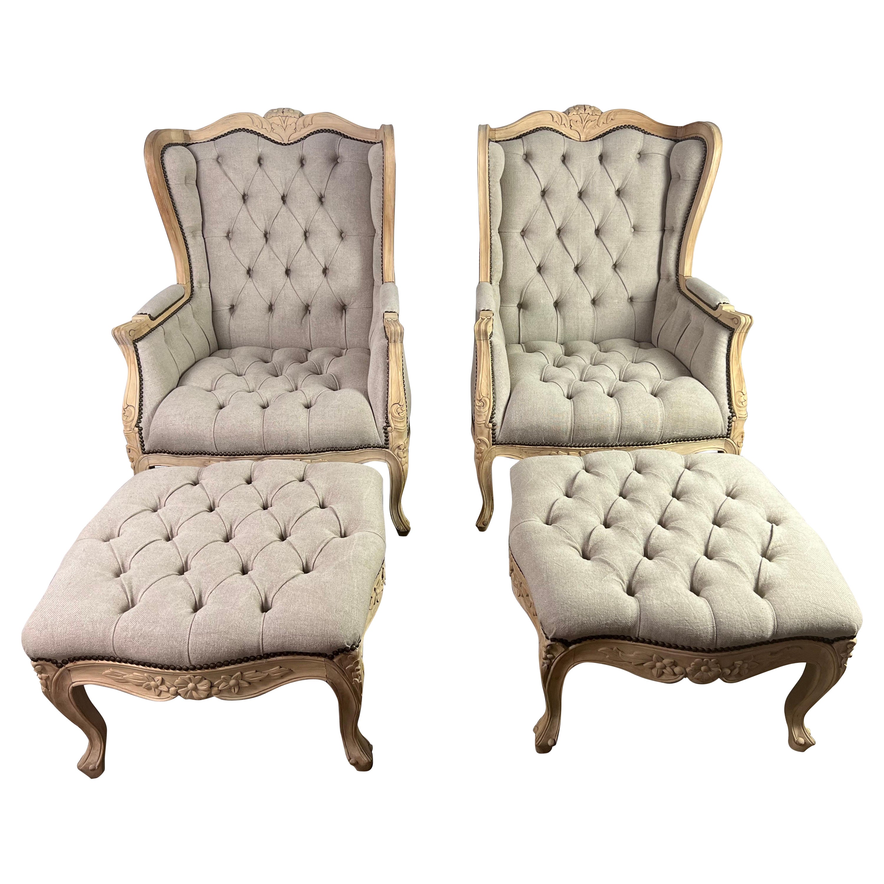 Pair of French Wingback Armchairs w/ Ottomans For Sale