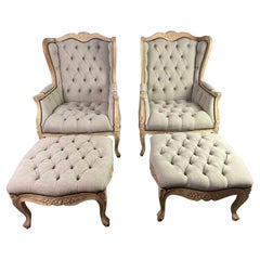 Vintage Pair of French Wingback Armchairs w/ Ottomans