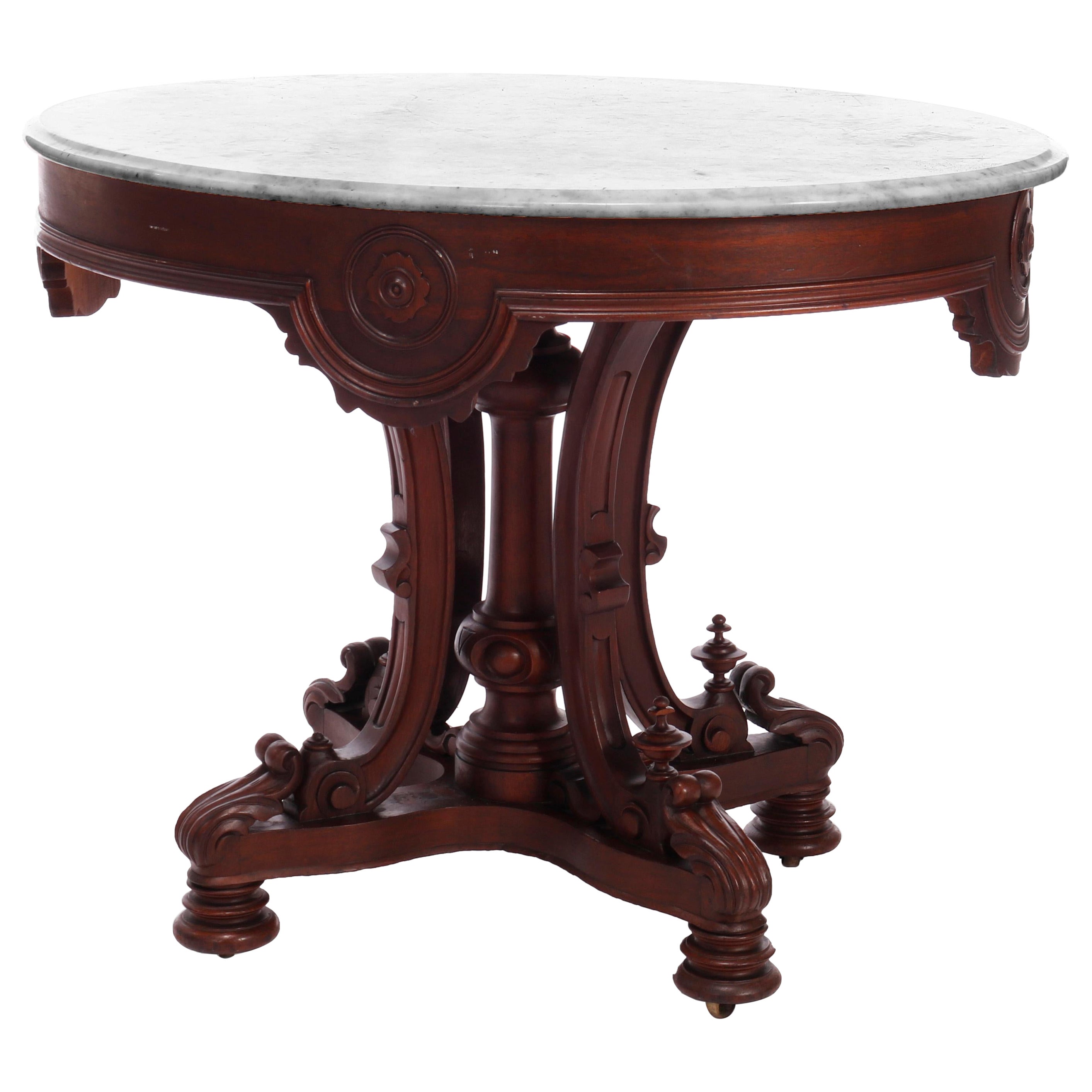Antique Rococo Revival Carved Rosewood Oval Marble Top Table, Circa 1870