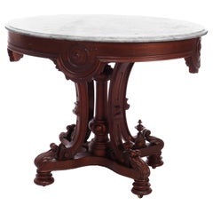 Antique Rococo Revival Carved Rosewood Oval Marble Top Table, Circa 1870