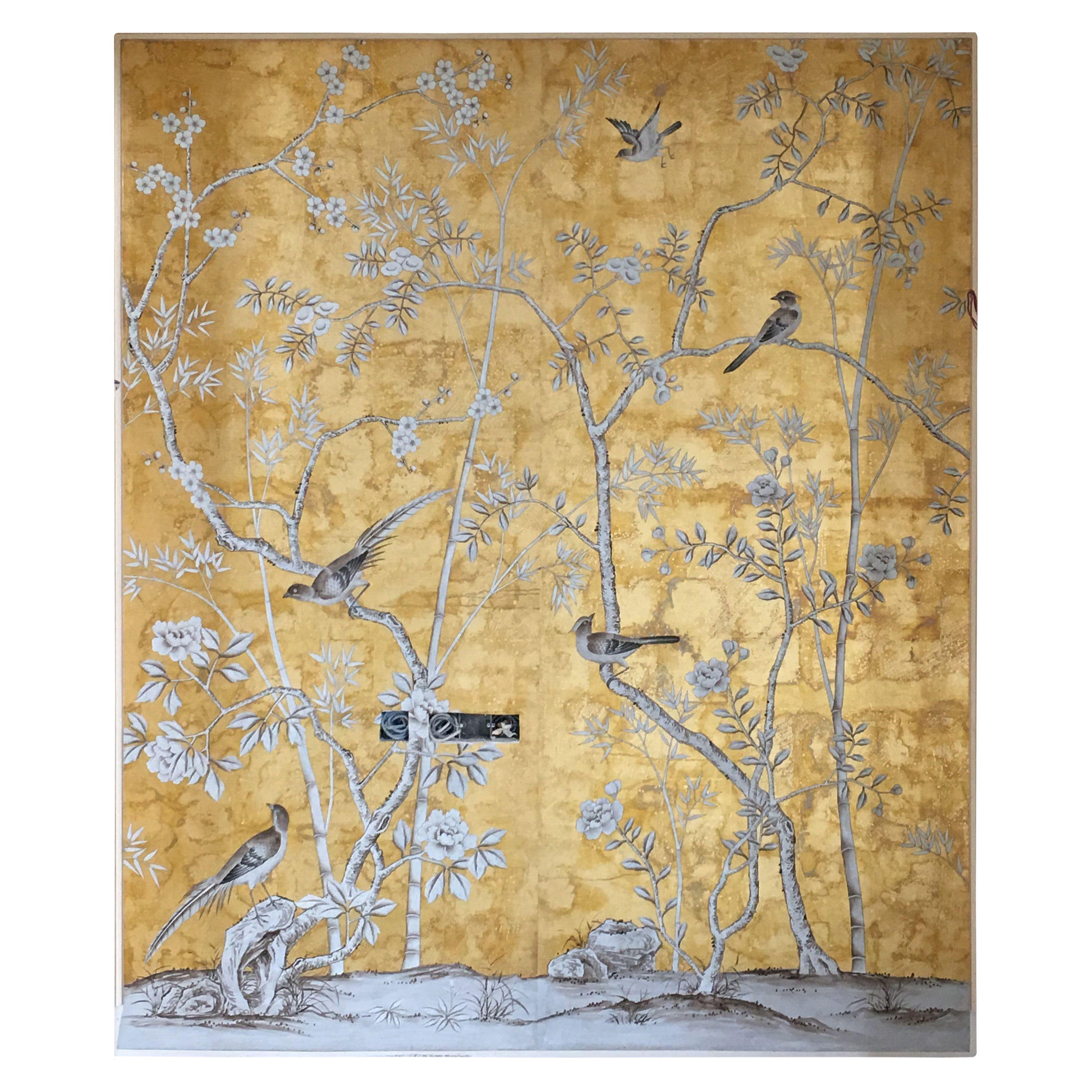 Chinoiserie Hand Painted Wallpaper Panels of People in Garden at 1stDibs