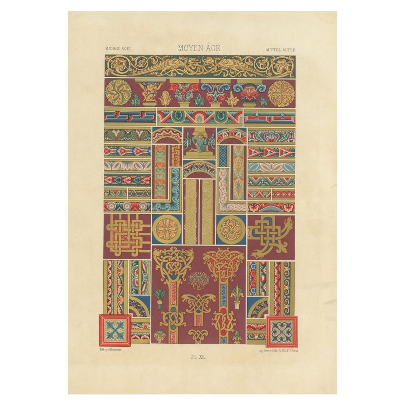 Impression ancienne Pl. 40 d'œuvres d'art décoratif au Moyen Âge par Racinet, 1869