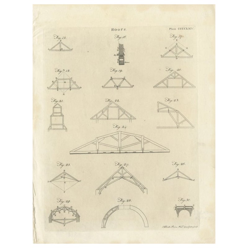Pl. 465 Antique Print of Roof Structures by Bell, c.1810 For Sale