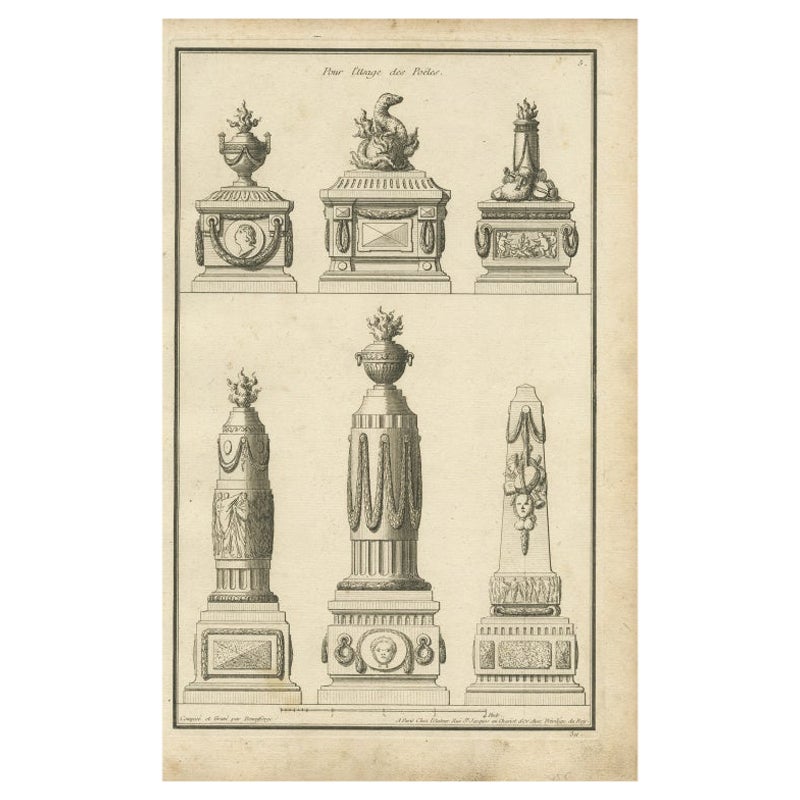 Pl. 5 Antique Architecture Print of Various Vases and Other Ornaments by Neuffor For Sale