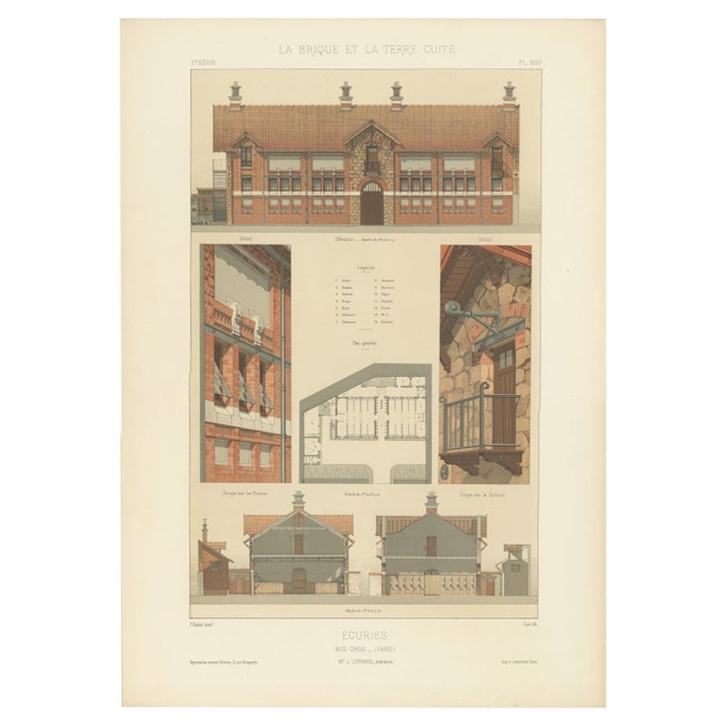 Impression de conception architecturale de bâtiments d'Ecuries en France, Chabat, vers 1900 en vente