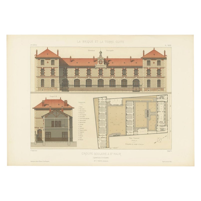 Building Design Print of Quartier St. Hilaire in France, Chabat, C.1900 For Sale