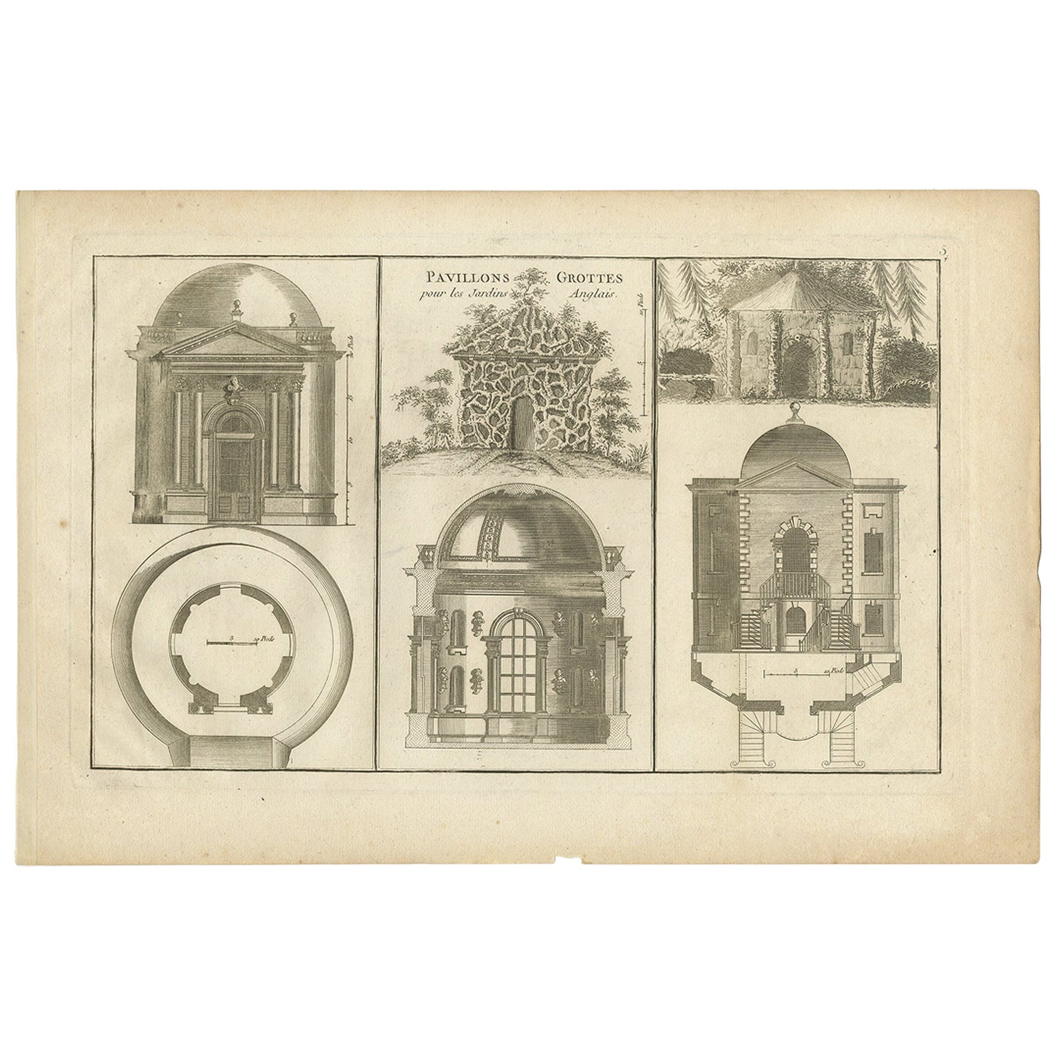 Antiker architektonischer Druck von Pavillons für englische Gärten von Le Rouge, 1776