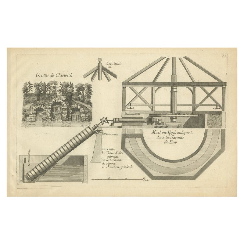 Pl. 5 Antique Print of the Hydraulic Machine of the Kew Gardens by Le Rouge, c.1 For Sale