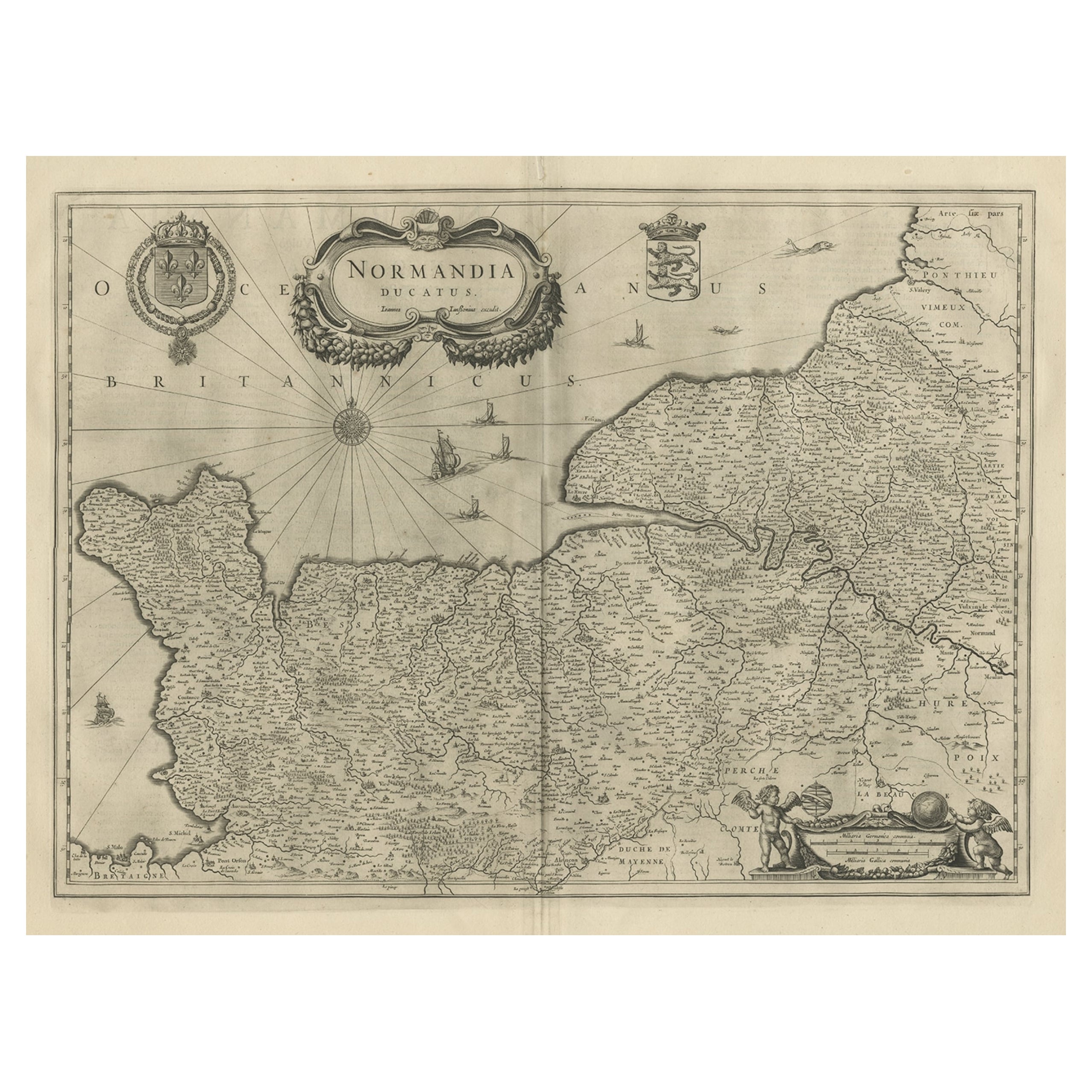 Antique Map of Normandy by Janssonius, 1657