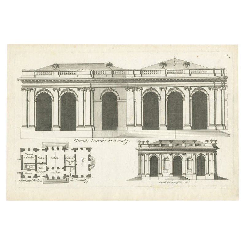 Pl. 6 Grabado antiguo del Castillo de Neuilly por Le Rouge, C.1785