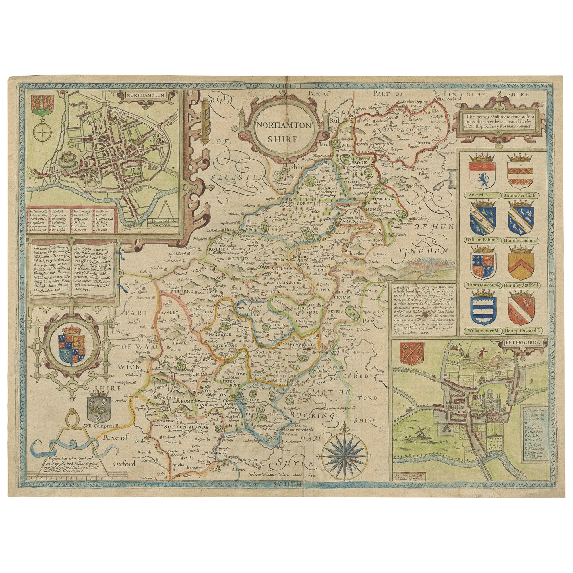 Carte ancienne du Northamptonshire par Speed, 1676