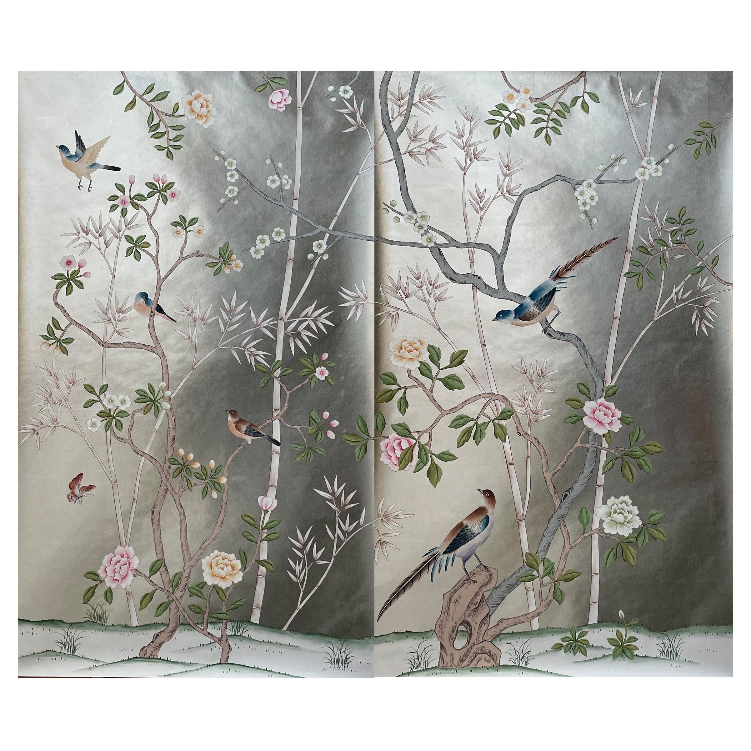 Chinoiserie Panel Hand Painted Wallpaper on Silver Metallic, Accept ...