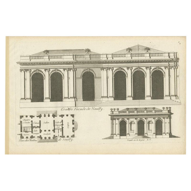 Pl. 6 Grabado antiguo del Castillo de Neuilly por Le Rouge, c.1785 en venta