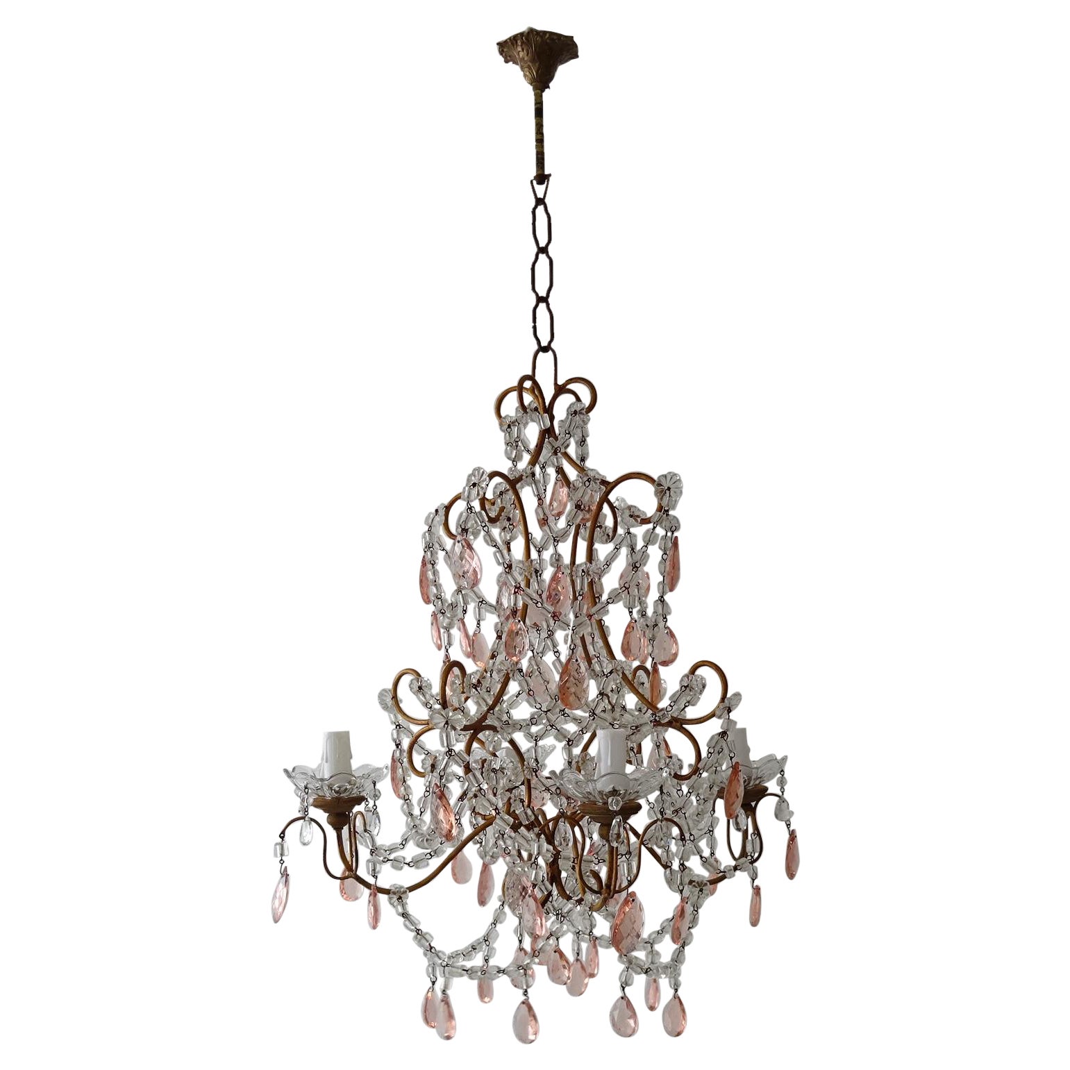 Italian Florentine Giltwood Crystal Prisms Chandelier, circa 1920 For