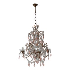 French Pink Crystal Prisms & Swags Giltwood Chandelier, circa 1920