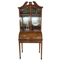 Fine Quality Antique Victorian Mahogany Inlaid Cylinder Bookcase