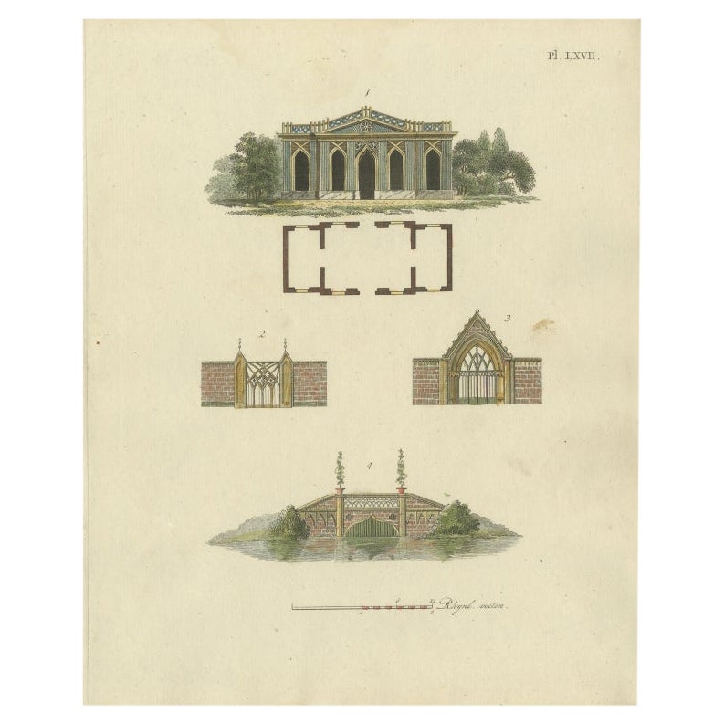 Handkolorierter antiker Druck von Gartentore und Gebäuden mit Druck von Van Laar, 1802