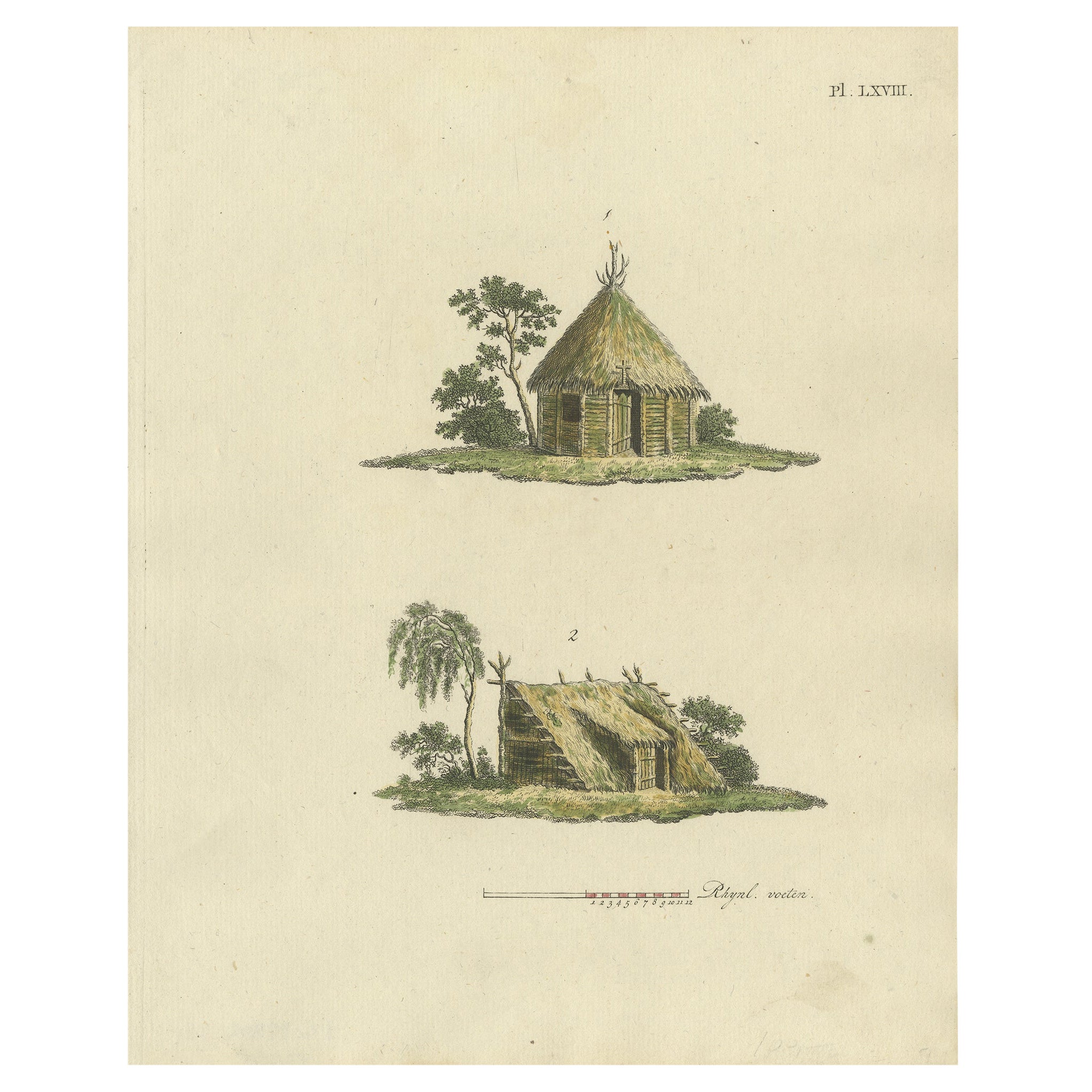 Impression ancienne de maisons de jardin d'architecture de jardin par Van Laar, 1802