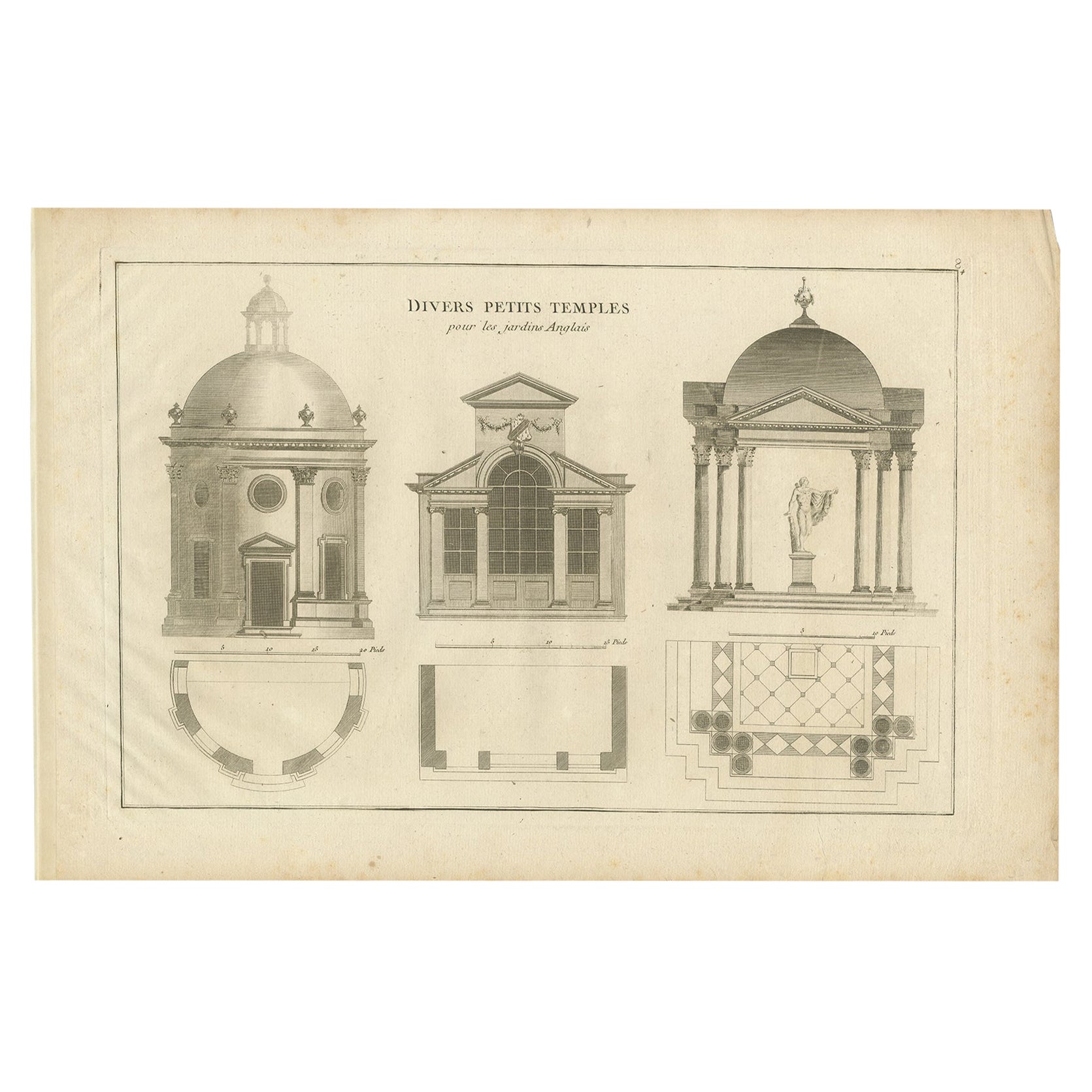 Impression ancienne de divers temples de jardin par Le Rouge, vers 1785