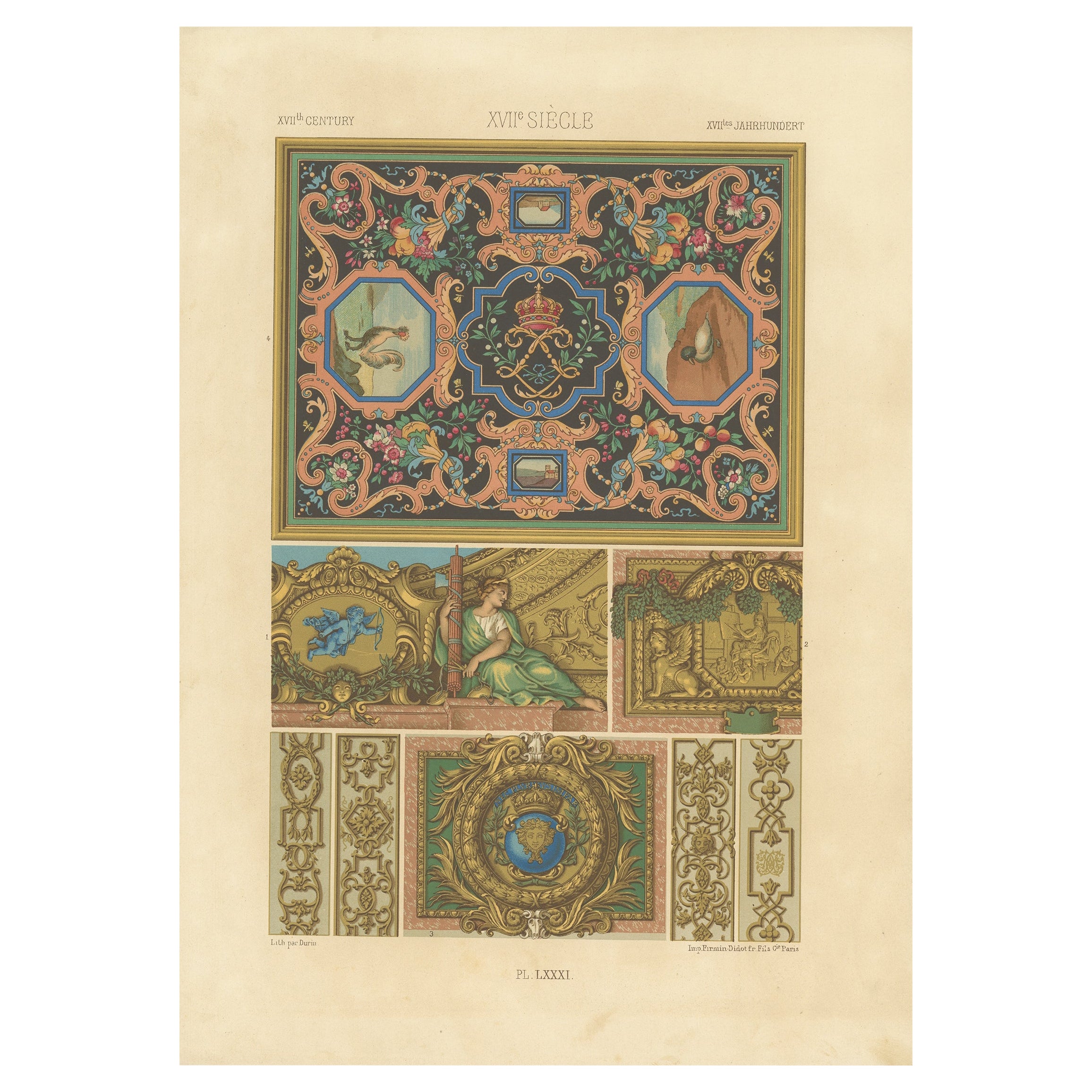 Impression ancienne d'art décoratif au XVIIe siècle Pl. 81 par Racinet, 1869