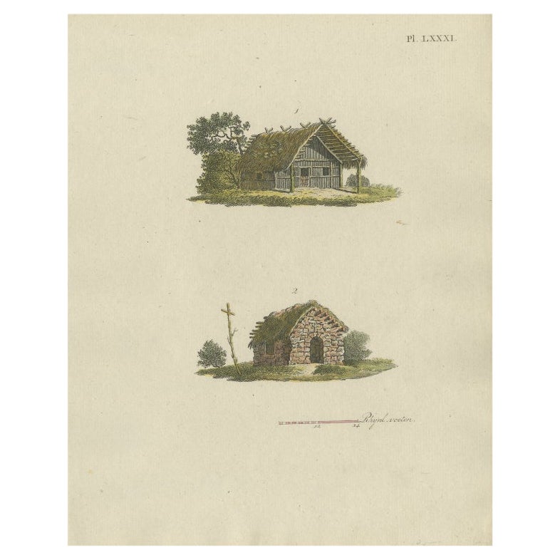 Antique Print of Garden Architecture showing Two Small Houses by Van Laar, 1802 For Sale