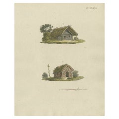 Impression ancienne de l'architecture de jardin montrant deux petites maisons par Van Laar, 1802