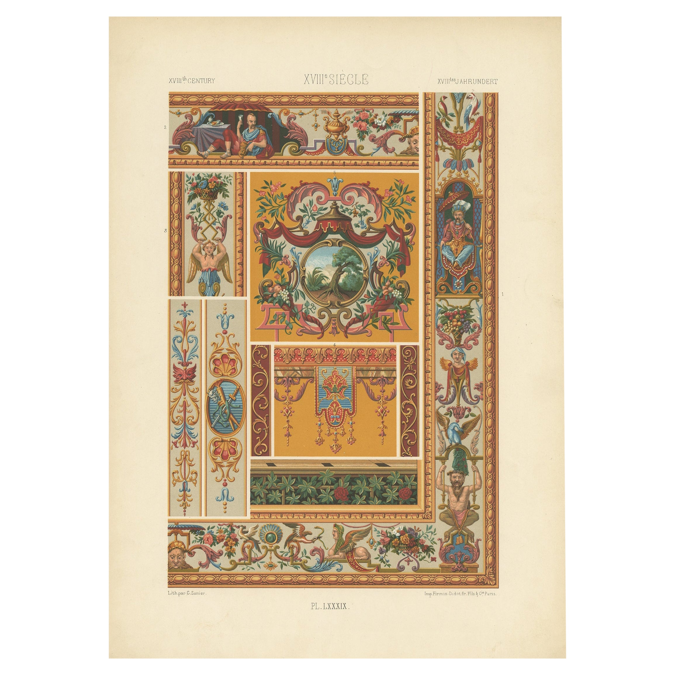 Impression ancienne d'art décoratif au XVIIIe siècle Pl. 89 par Racinet, 1869