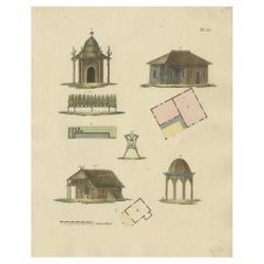 Interesante Grabado Antiguo Coloreado de Arquitectura de Jardines de Van Laar, 1802