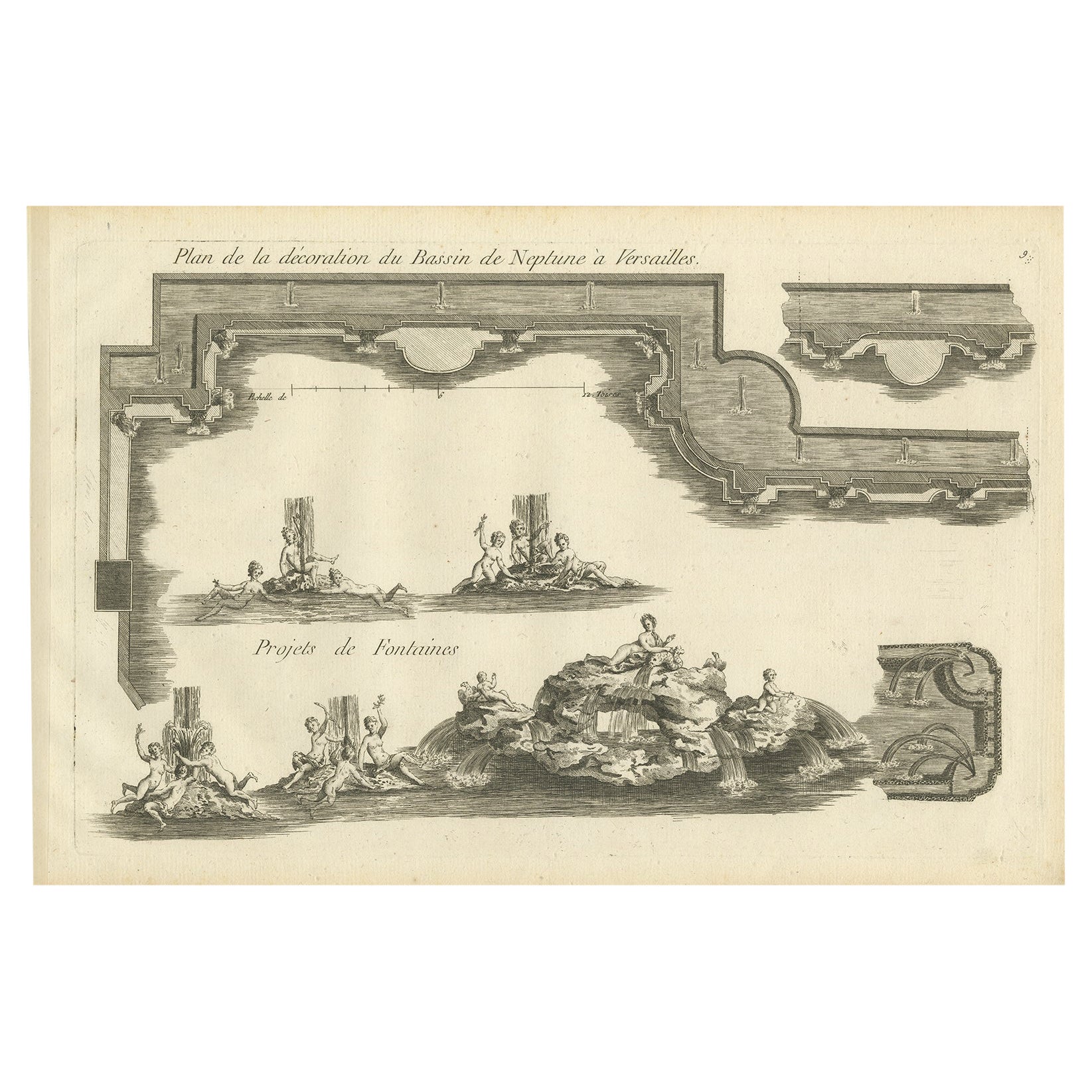 Pl. 9 Antiker Druck des Neptunbrunnens von Versailles von Le Rouge, um 1785 im Angebot
