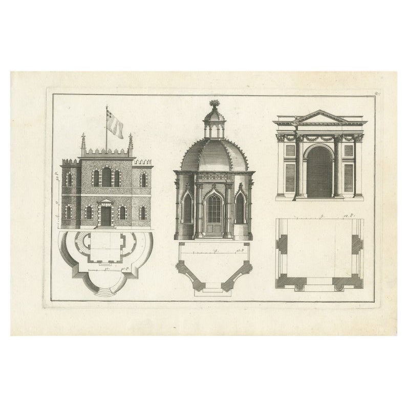Architectural Antique Print of Various Garden Temples by Le Rouge, c.1785 For Sale