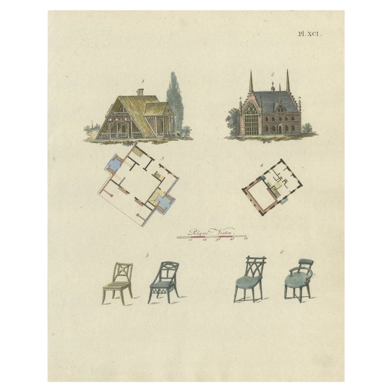 Grabado antiguo de Arquitectura de jardines de Van Laar, 1802
