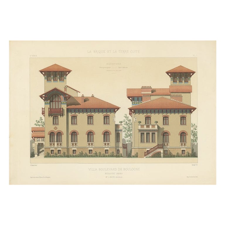 Architectural Print of Villa Boulevard de Boulogne in France, Chabat, c.1900 For Sale