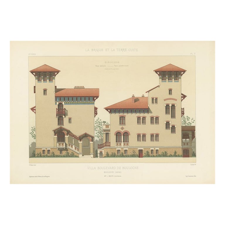 Old Architectural Design Print of Villa Boulevard de Boulogne, Chabat, c.1900 For Sale