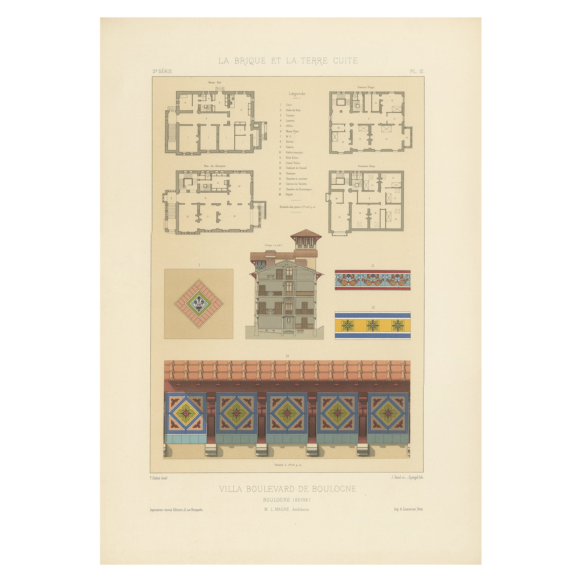 Architectural Print of Villa Boulevard de Boulogne in France by Chabat, c.1900 For Sale