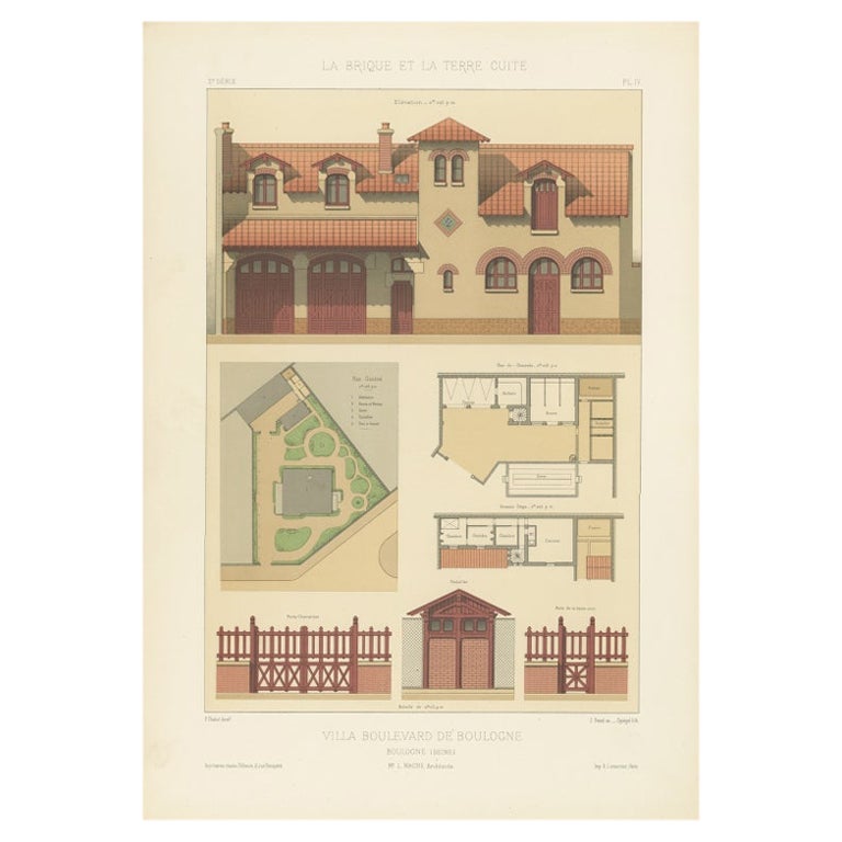 Original French Antique Print of Villa Boulevard De Boulogne, Chabat, C.1900 For Sale