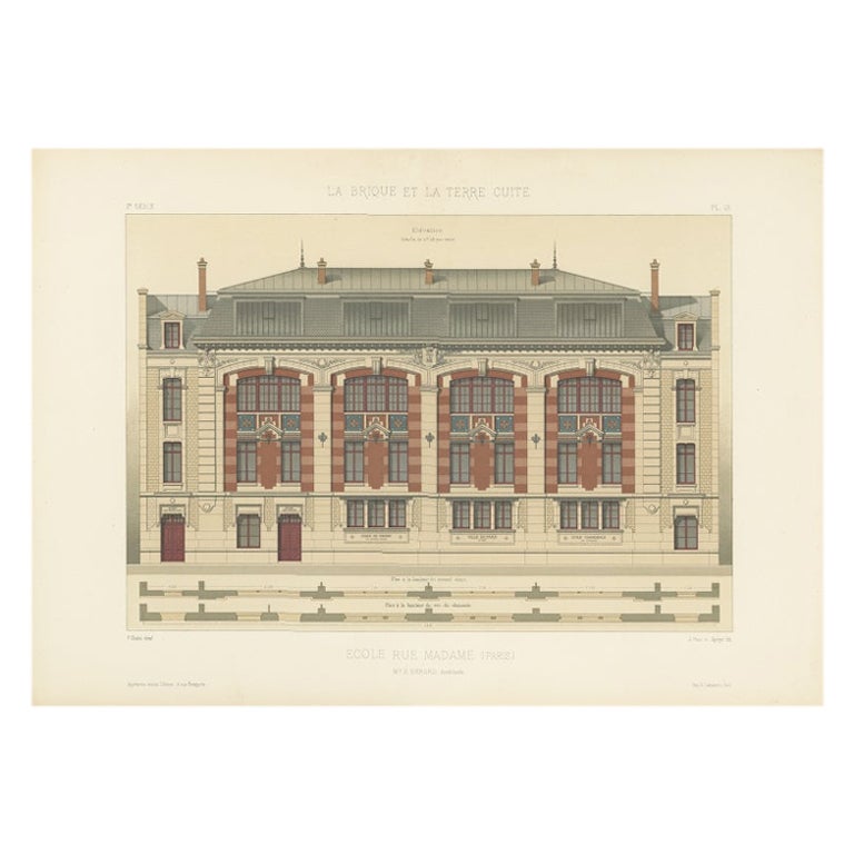 Architectural Print of 'Ecole Rue Madame' in France by Chabat, c.1900 For Sale