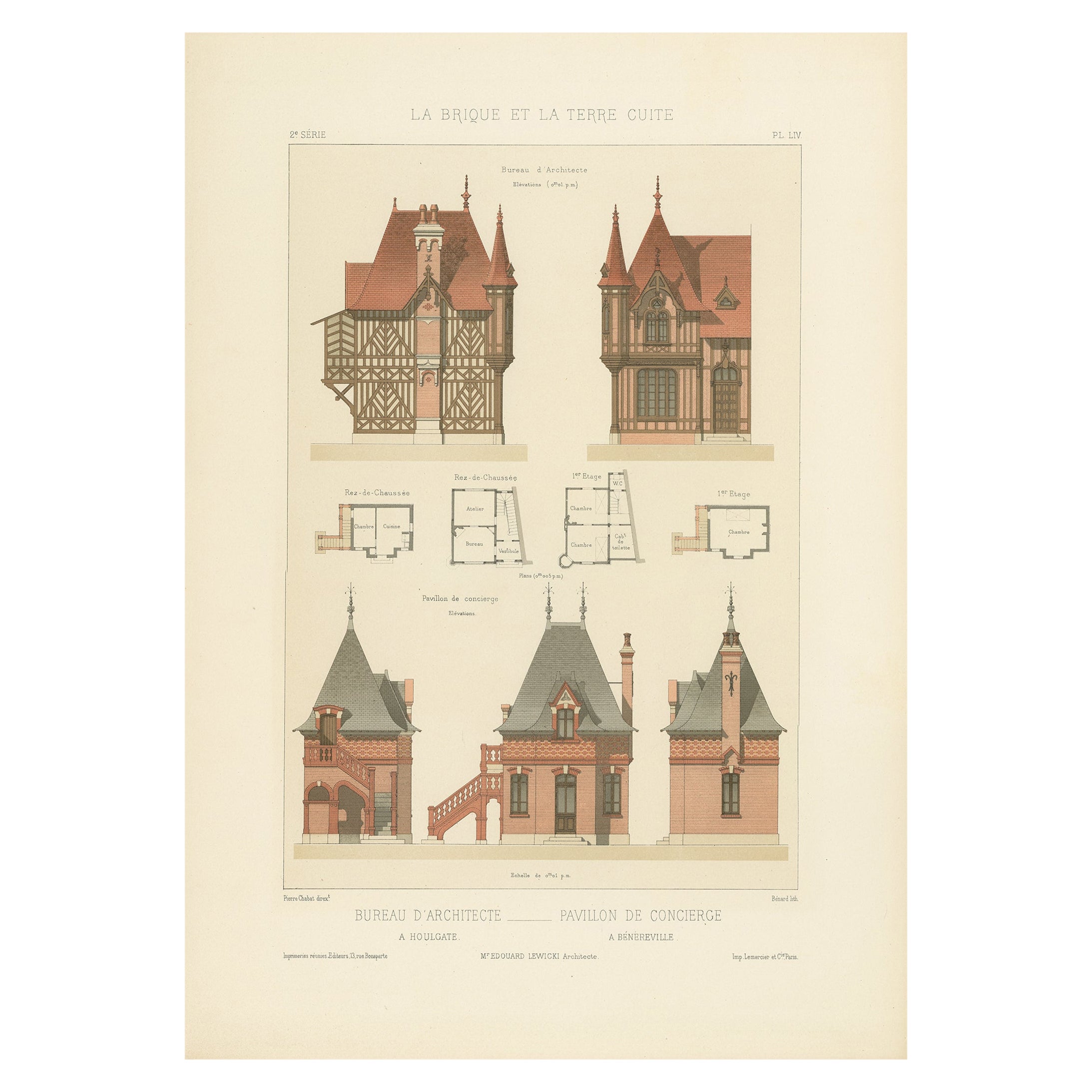 Architectural French print of Pavillon du Concierge in France, Chabat, c.1900 For Sale