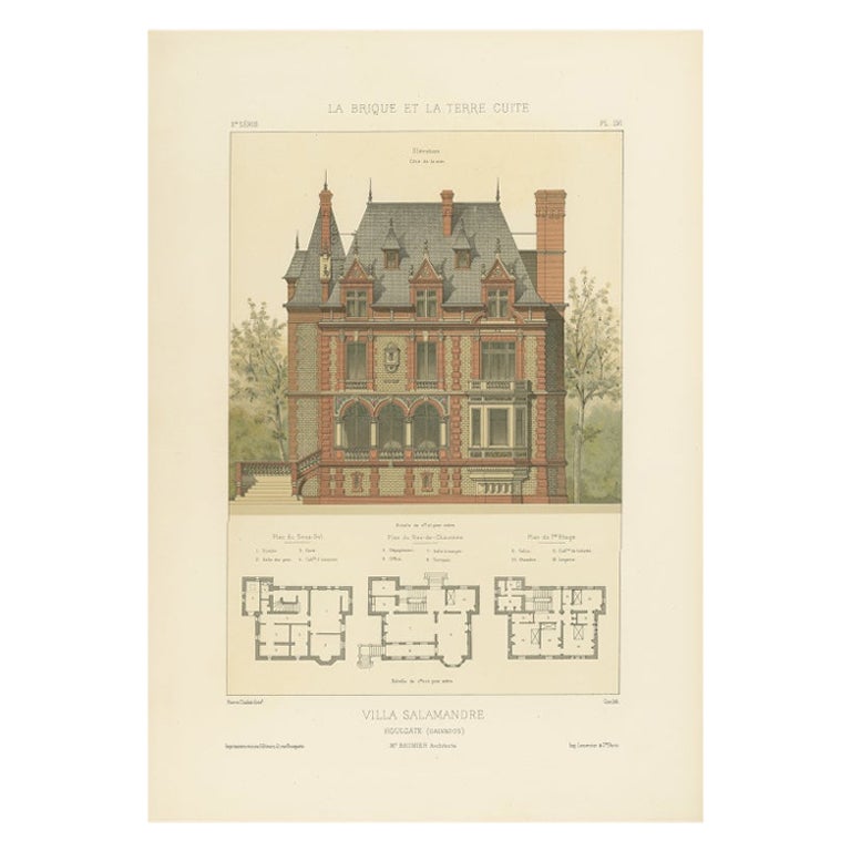 Antique Print of the Villa Salamandre in France, Chabat, c.1900 For Sale