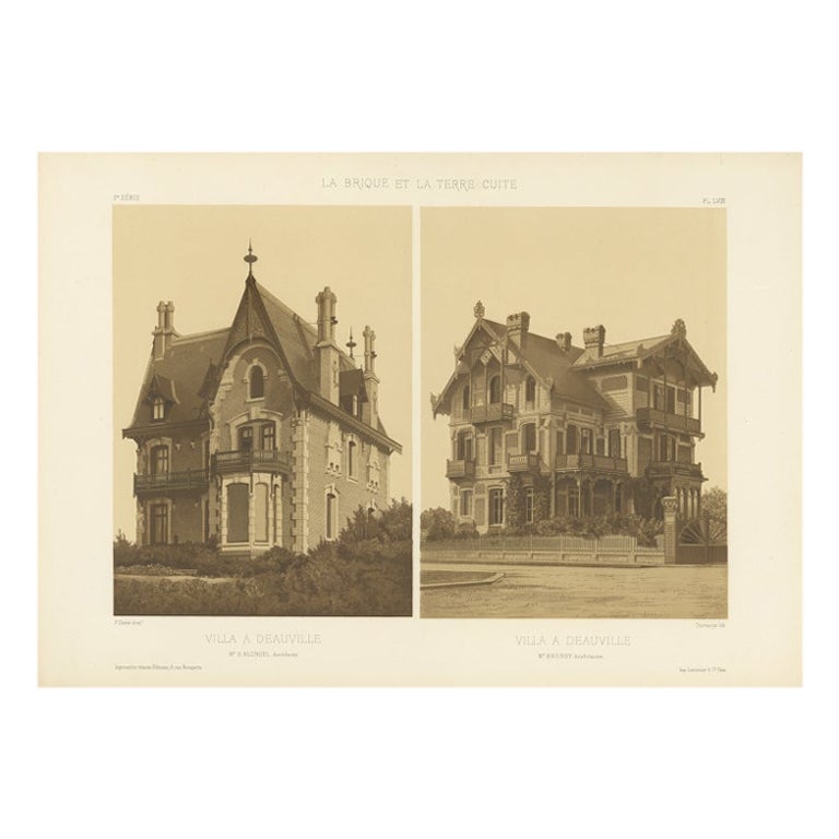 Antiker architektonischer Druck der Villa a Deauville in Frankreich, Chabat, um 1900