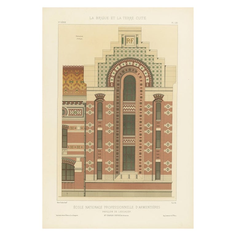 Old French Architectural Print of École Nationale Professionnelle d'Armentières For Sale