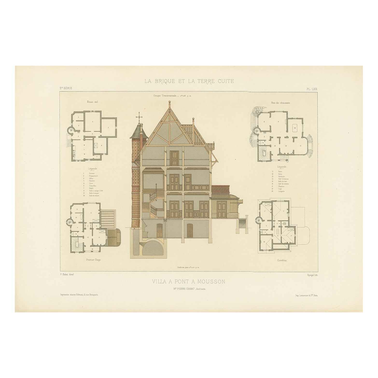 Architectural Impression of Villa a Pont a Mousson in France, Chabat, c.1900 For Sale