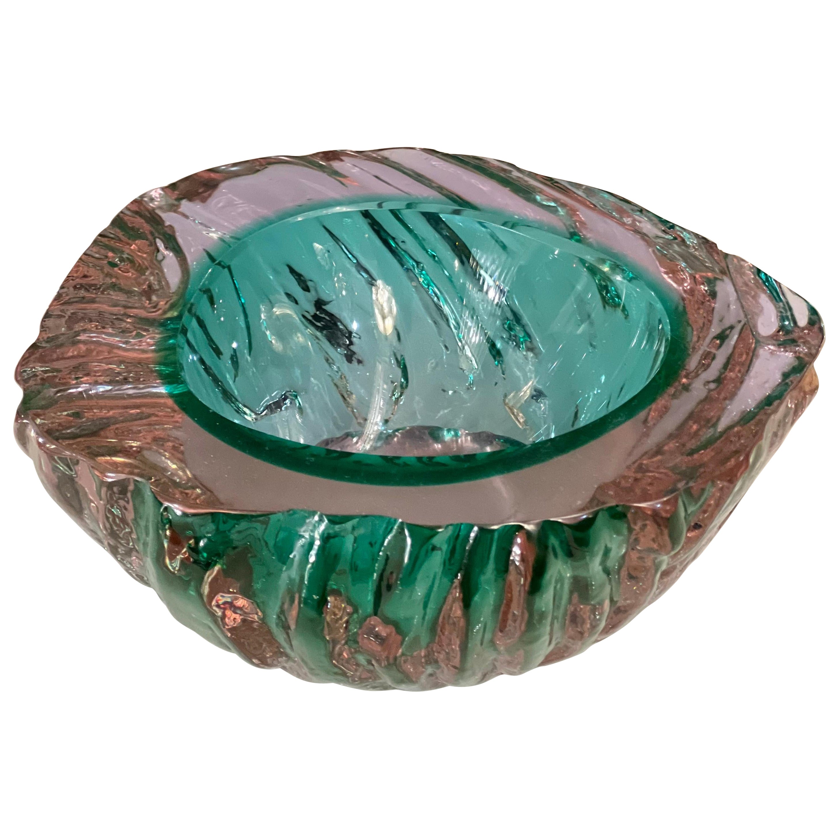 Vintage Murano Glass Ashtray Green and Pink Double Color, 1950s