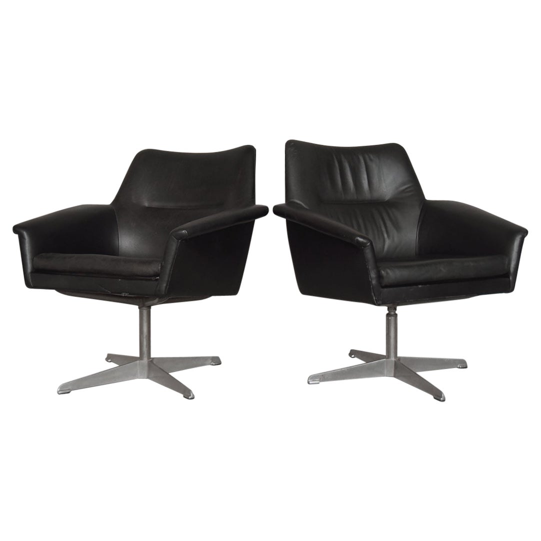 Pair of Vintage Mid-Century Modern Black Leather Swivel Chairs from Ire Mobler