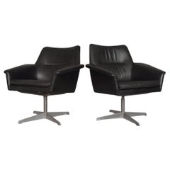 Pair of Vintage Mid-Century Modern Black Leather Swivel Chairs from Ire Mobler