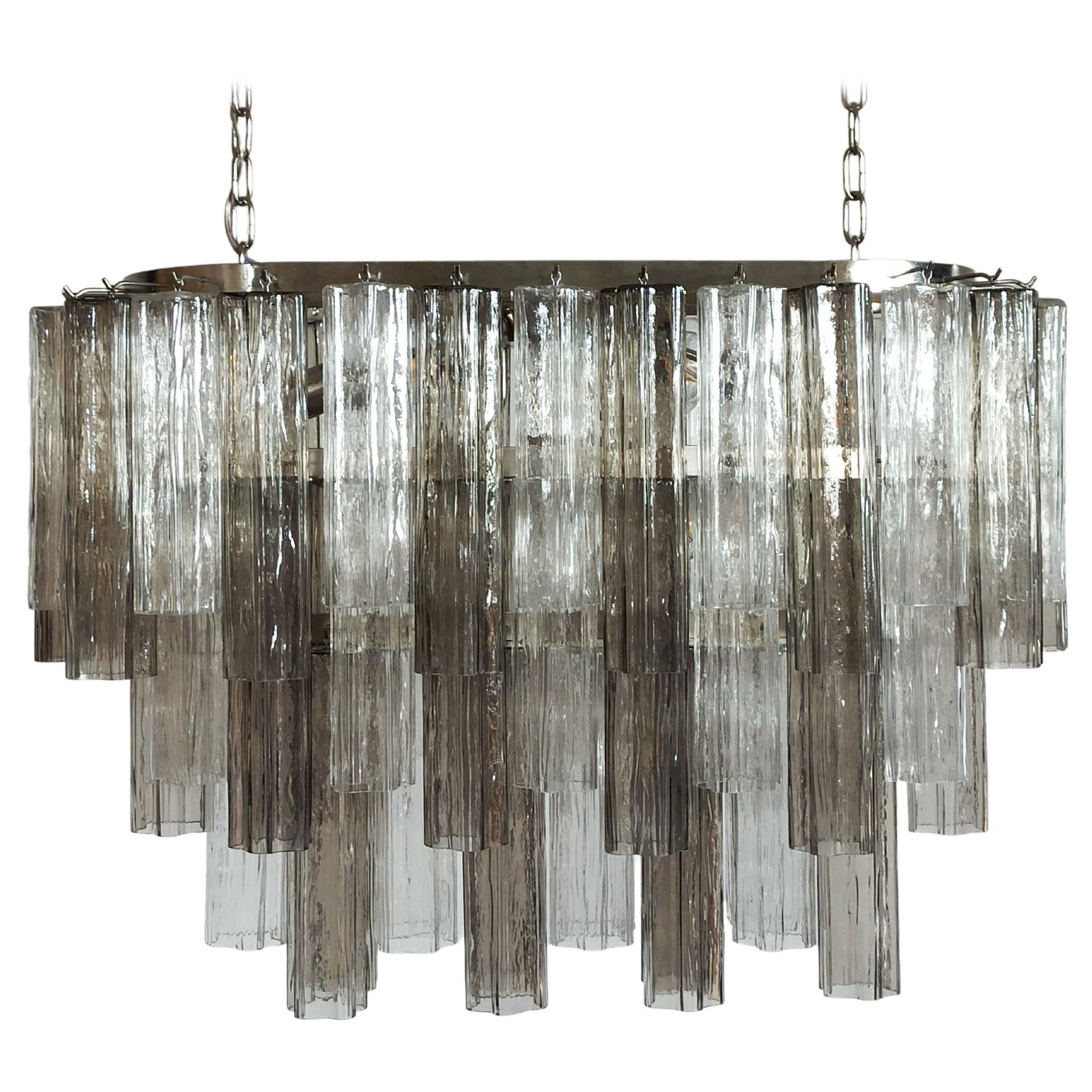 Elegant Murano Tube Chandelier, 62 Transparent and Smoked Glasses