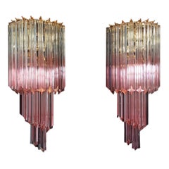 Pair of Vintage Murano Wall Sconce, 32 Quadriedri Transparent and Pink Prism