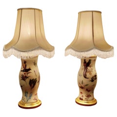 Pair of Reverse Painted Decoupage Baluster Vase Lamps