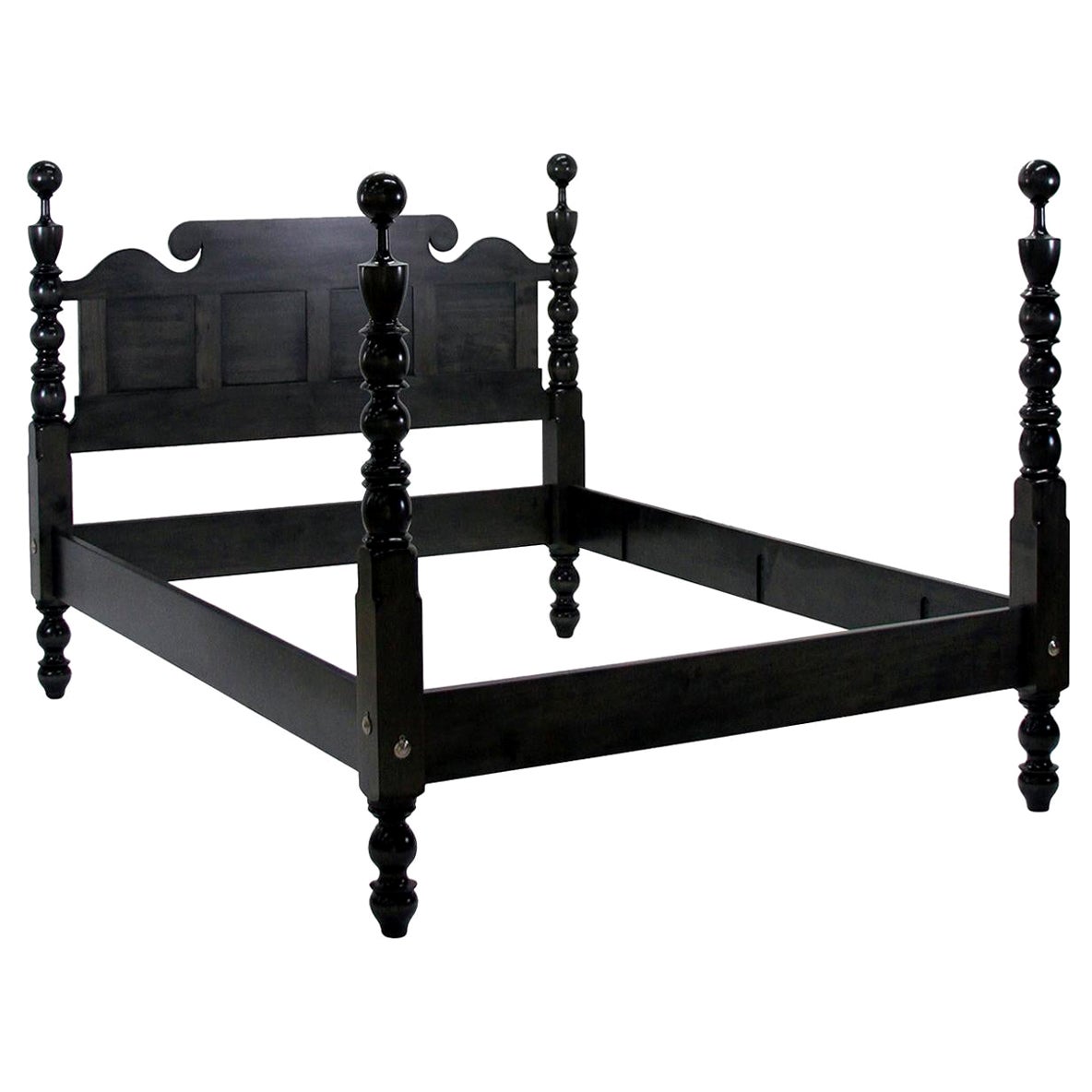 King Ebony Stained Maple Four Poster Cannonball Bed with Panel Headboard For Sale