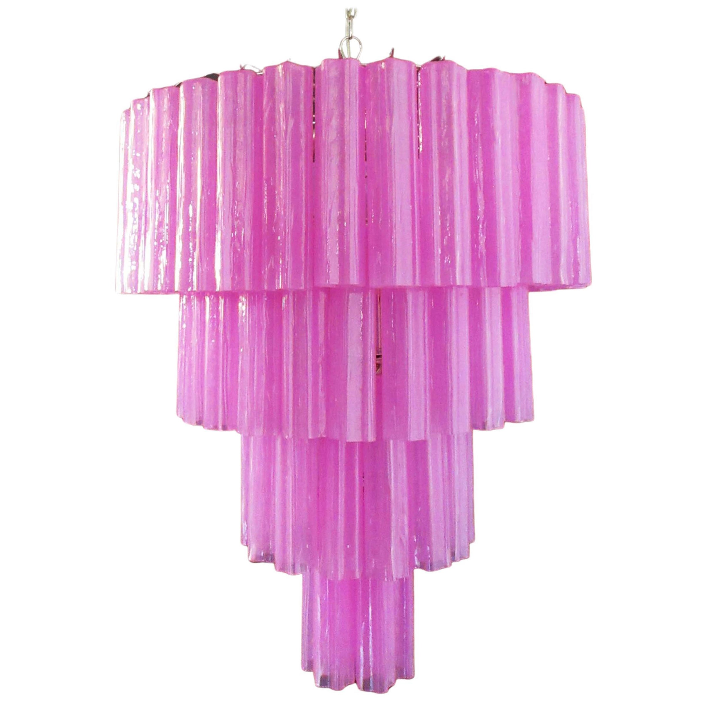 Huge Vintage Murano Glass Tiered Chandelier, 78 Glasses, Pink Fuxia Silk For Sale